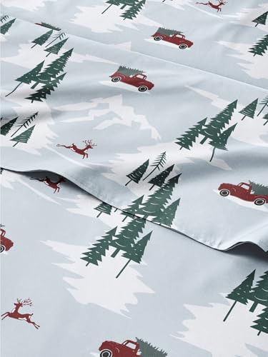 Christmas Sheet Set, Pickup Trucks, Holiday Xmas Bedding Set - Queen Size
