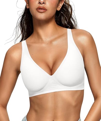 OEAK Womens Deep V Bras Wireless Comfortable Bra Supportive No Underwire Bras Tshirt Push Up Bralettes Plunge Seamless Bra Wh