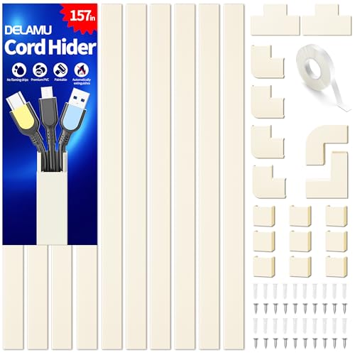 Cord Cover Wall, 157in Delamu Cord Hider Wall Mounted TV, Wire Covers for Cords Cable Management, Cable Raceway Cable Hider C