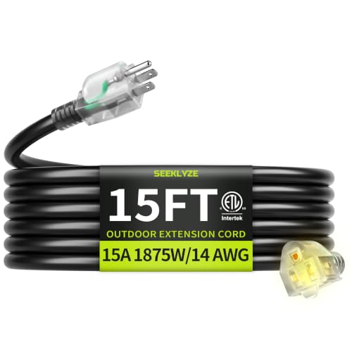 Seeklyze 14AWG 15FT Outdoor Extension Cord, Heavy Duty with Lighted End