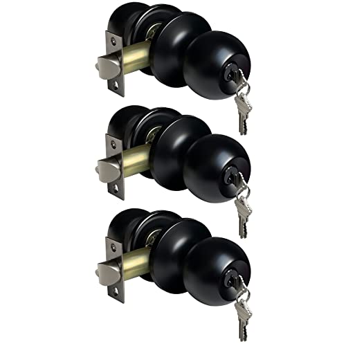 BESTTEN 3 Pack Entry Door Knob with Lock, Keyed Different, Matte Black