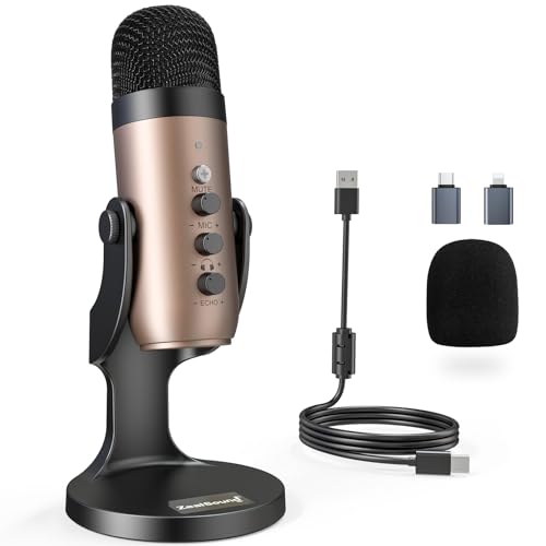 ZealSound Podcast Microphone for PC, Noise Cancellation USB Mic with Gain, Volume Adjustment & Mute Button, Monitoring & Echo