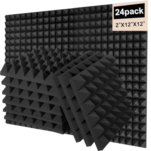 Saiqiang 24 Pack Sound Proof Foam Panels for Walls, 2"X 12" X 12" Pyramid Designed Acoustic Foam Panels Sound Absorbing, Nois
