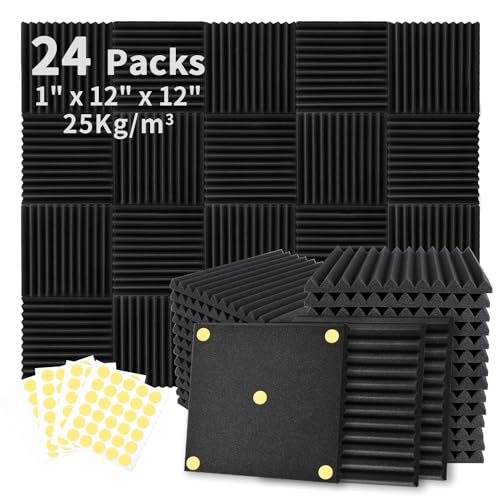 Focusound 24 Pack Acoustic Foam Panels 1" x 12" x 12" Sound Proof Foam Panles Soundproofing Noise Cancelling Wedge Panels for
