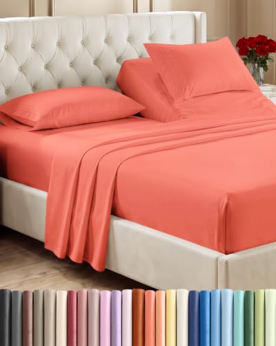 Flex Top Split Head King 4 Piece Sheet Set - Ultra-Soft, Breathable - Coral