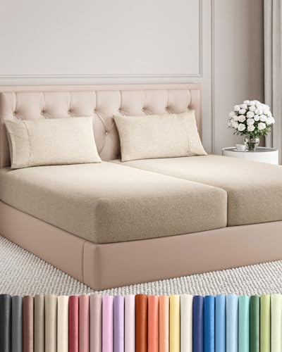 Split King Size 5 Piece Sheet Set - Breathable & Cooling - Heathered Beige