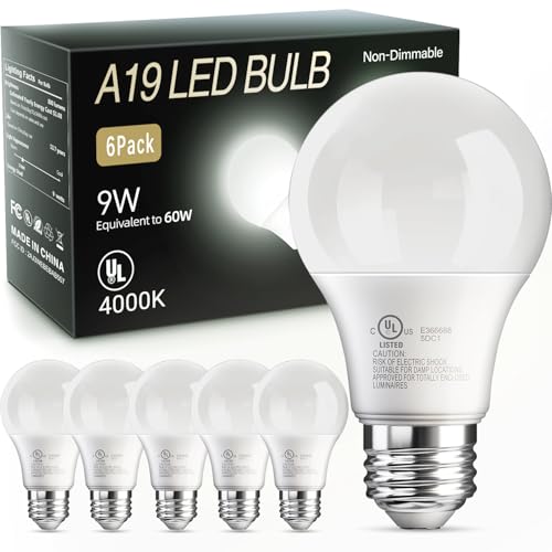 TJOY 6 Pack A19 LED Light Bulbs, Cool White 4000K, 60 Watt Eq, E26 Base