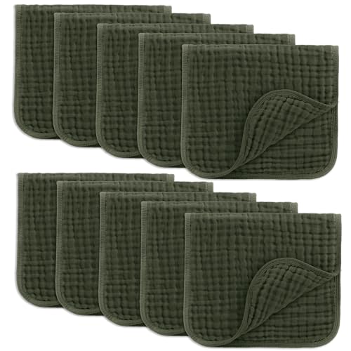 Comfy Cubs Muslin Burp Cloths 20x10" 10 Pack, Baby Burp Cloths - Kelp