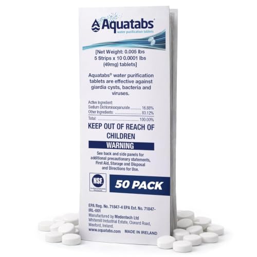 Aquatabs 49mg Water Purification Tablets, 50 Pack, Hiking & Camping