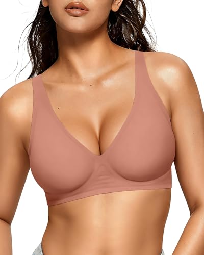 OEAK Womens Jelly Bras Wireless Deep V Bralette Comfy Push Up Tshirt Bras XS Dusty Pink