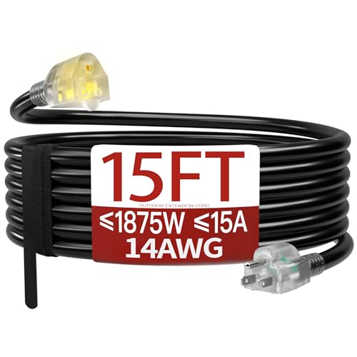 Skrizcable 14/3 15 FT Extension Cord Outdoor, Black Power Cord