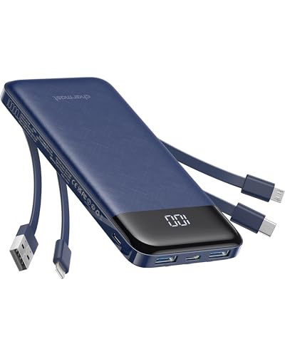 charmast Portable Charger with Built in Cables, Power Bank with Cords Wires, Slim 10000mAh Travel Battery Pack 6 Outputs 3 In