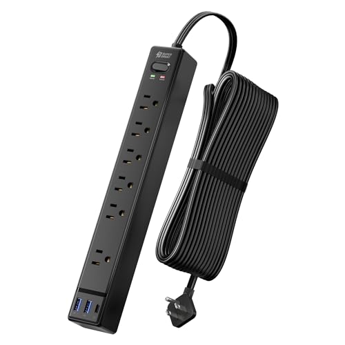 15Ft Long Extension Cord, SUPERDANNY Flat Plug Surge Protector Power Strip