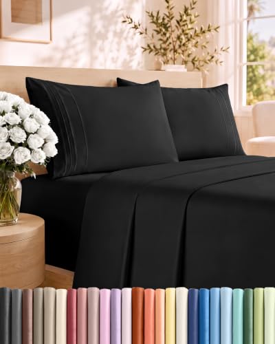 Full Size 4 Piece Sheet Set - Comfy Breathable & Cooling Sheets - Black