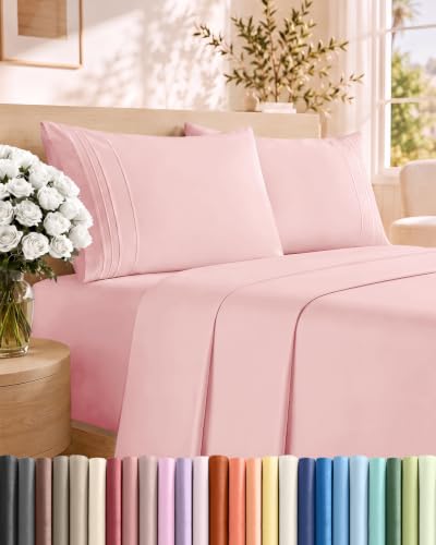 Queen Size 4 Piece Sheet Set - Breathable & Cooling Sheets - Baby Pink