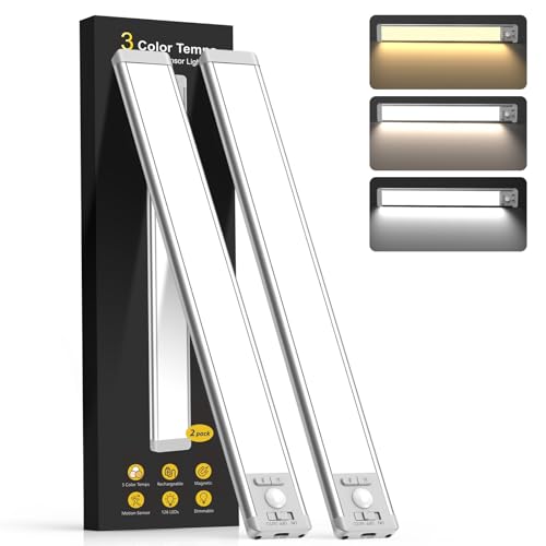 14.7inch Under Cabinet Lighting with 3 Color Temps, 2 Pack Rechargeable Motion Sensor Light Indoor, 5 Levels Dimmable Magneti