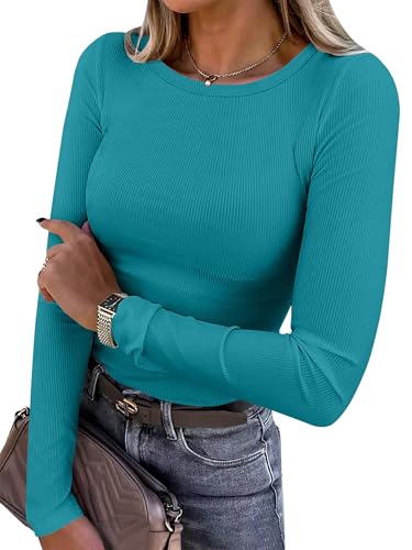 ANRABESS Women Long Sleeve Shirts Ribbed Fitted Tops,Teal,XL
