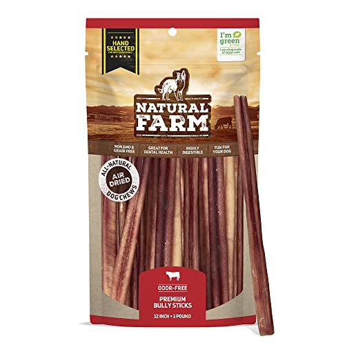 Natural Farm Odor-Free Select Bully Sticks, (12-Inch, 1-Pound), Hand Selected for Consistent Thickness, 100% Beef Pizzle Dog 