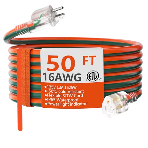HUANCHAIN 16 Gauge 50 ft Outdoor Extension Cord with Lighted End, Flexible Cold-Resistant 3 Prong Electric Cord Waterproof Ou
