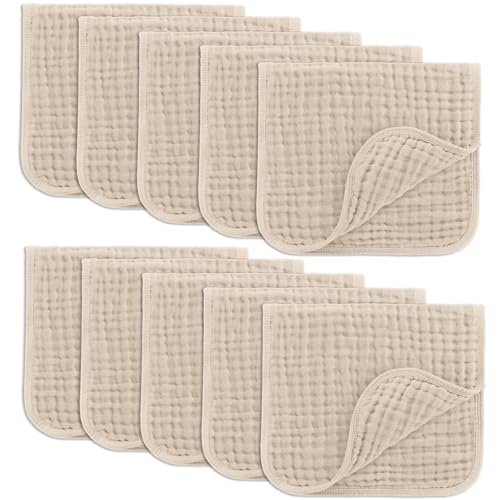 Comfy Cubs Muslin Burp Cloths 20x10" 10 Pack, Baby Burp Cloths - Sand