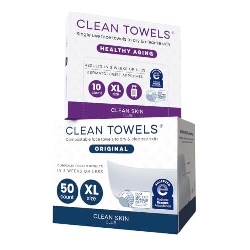 Clean Skin Club Clean Towels XL® Original 50 Ct + Healthy Aging 10ct Travel Pack Duo, 100% USDA Biobased Disposable Face Towe