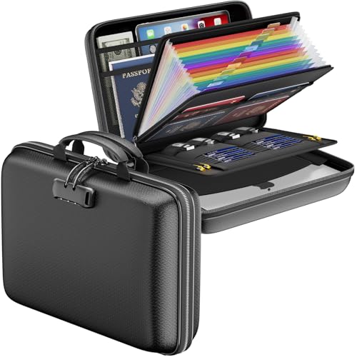 DocSafe Fireproof File Organizer with Lock, Hard-Shell Case Fireproof Document Box with 13 Pocket Accordion File Folder, Port