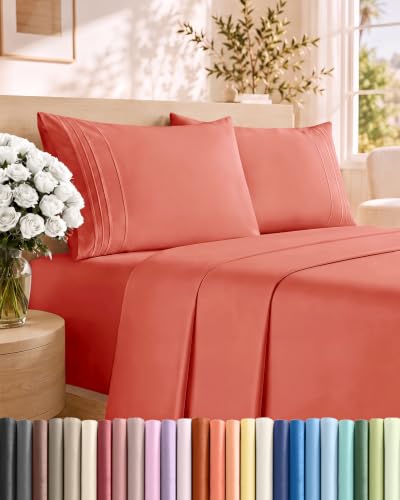 Cal King Size 4 Piece Sheet Set - Comfy Breathable & Cooling Sheets - Coral