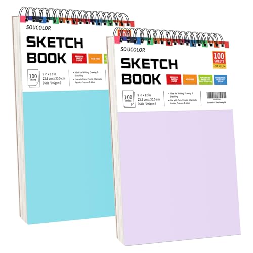 Soucolor 9x12 Sketch Book 2-Pack, 100 Sheets, Acid-Free, Spiral Bound