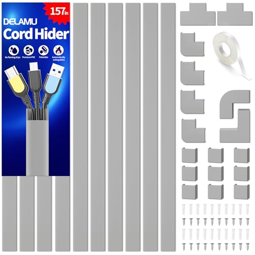 Delamu Grey Cord Hider, 157in Cord Covers for 2-3 Wires on Wall, TV Cable Hider Wall, Wire Covers for Cords on Wall, Cable Ra