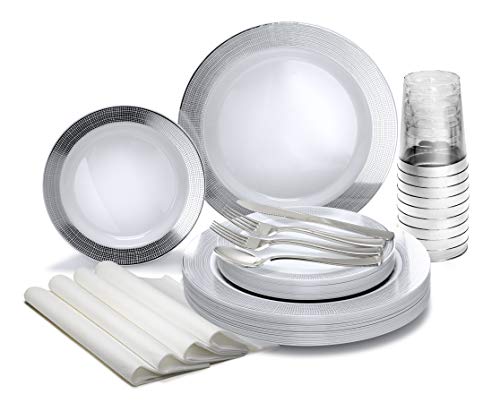 " OCCASIONS " 200pcs set (25 Guests)-Heavyweight Wedding Party Disposable Plastic Plate Set -25x10.5'' +25 x7.5'' + Silverwar