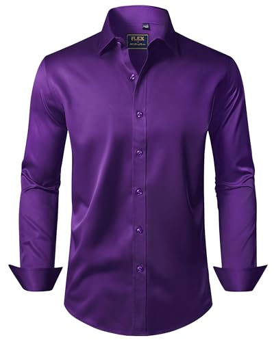 J.VER Men's Dress Shirts Solid Long Sleeve Stretch Wrinkle-Free Formal Shirt Business Casual Button Down Shirts Dark Purple S