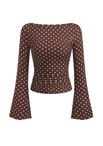PRETTYGARDEN Womens Bell Long Sleeve Ribbed Knit Tops,Dot Brown White,M