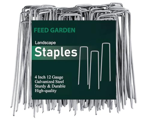 FEED GARDEN Landscape Staples 4 Inch 100 Pack, Heavy Duty 12 Gauge Hot-Dip Galvanized Garden Stakes for Weed Barrier, Landsca