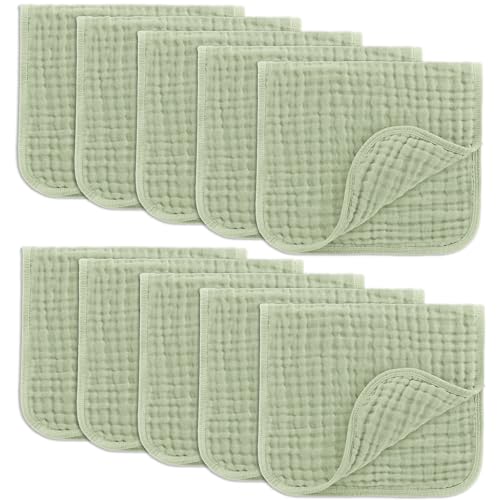 Comfy Cubs Muslin Burp Cloths 20x10" 10 Pack, Baby Burp Cloths - Sage