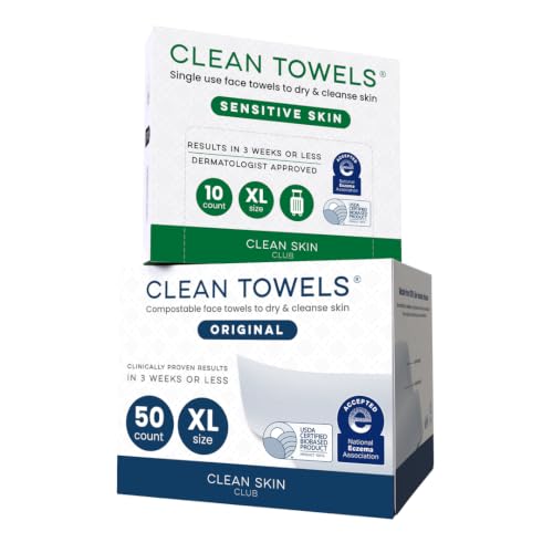 Clean Skin Club Clean Towels XL® Original 50 Ct + Sensitive Skin 10ct Travel Pack Duo, 100% USDA Biobased Disposable Face Tow