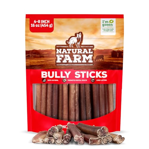 Natural Farm Odor-Free Bully Sticks (4-8”, 16oz) ALL-NATURAL Long-Lasting Chews, 100% Beef Pizzle, Grass-Fed, Grain-Free, Hor