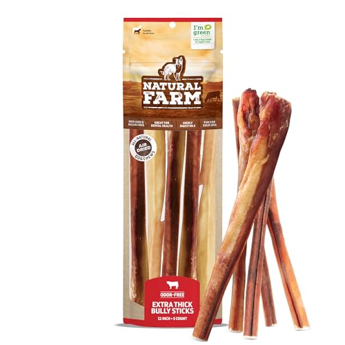 Natural Farm Odor Free Jumbo Bully Sticks (12 Inch, 5 Count), Extra-Thick Chews for Dogs, Fully Digestible 100% Beef Treats, 