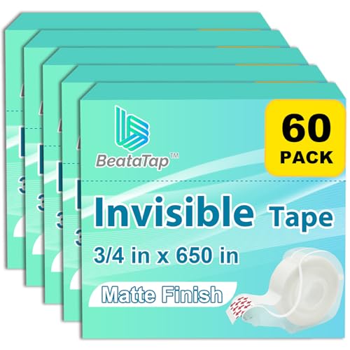 Bulk Tape clear, Invisible Tape, Matte Finish, Writable, 3/4 in x 650 in, 60 Rolls with Dispensers, Transparent Tape, Ideal f