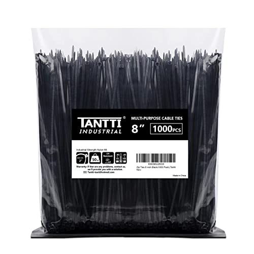 Zip Ties 8 inch Black Zip Ties 1000 Pack, Wire Ties with 50lb Tensile Strength, UV Resistant Cable Ties, Self-locking Plastic