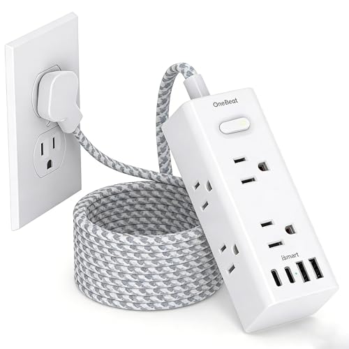 10Ft Flat Extension Cord with Multiple Outlets, Surge Protector Power Strip