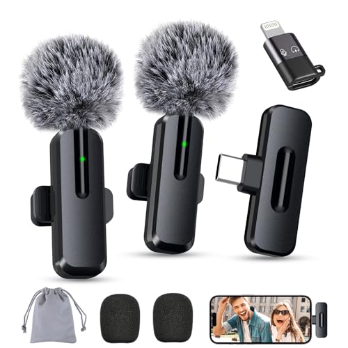 wedaniya Wireless Mini Microphone for iPhone, Android, 2 Pack Clip on Mini Mic with USB-C & Lightning, 2-in-1 Noise Reduction