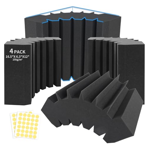 Focusound 4 Pack Bass Traps Corner Acoustic Foam Corner 16.5" X 6.3" X 12" Acoustic Foam Panels Soundproof Padding Wall Panel