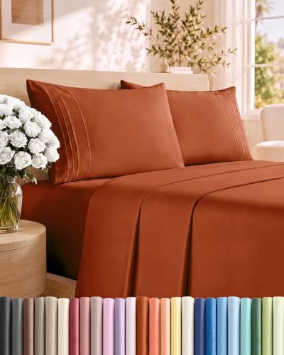 Queen Size 4 Piece Sheet Set - Breathable & Cooling Sheets - Terracotta
