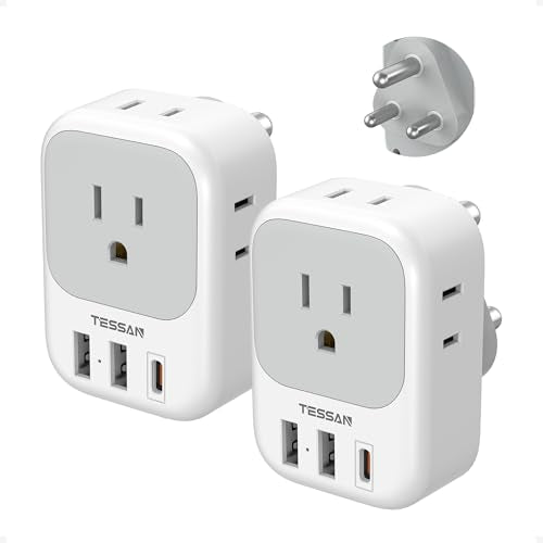 TESSAN Type M Adapter for South Africa PD 20W 2 Pack | 4 AC Outlets 3 USB Ports (1 USB C) US to South Africa Botswana Namibia