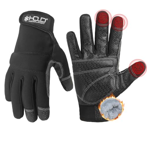 HANDLANDY Winter Work Gloves for Men & Women, PU Leather Utility Mechanic Working Gloves Touch Screen with Grip, Flexible Bre
