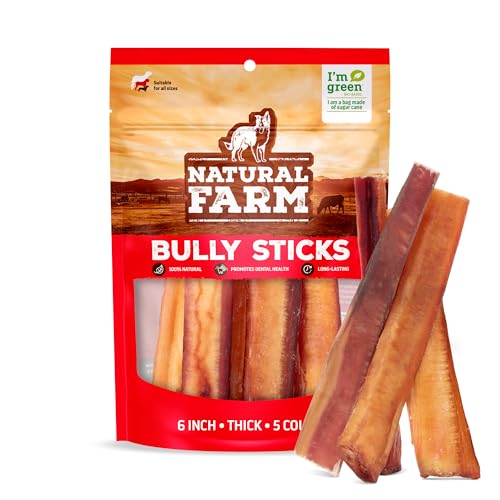 Natural Farm Odor-Free Thick Bully Sticks (6”, 5-Pack) All-Natural Long-Lasting Dog Chews, 100% Beef Pizzle, Grass-Fed, Grain