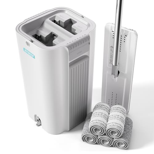 JOYMOOP Flat Mop System, 8L Mop and Bucket Set with Extension Handle, White, Large Capacity Floor Cleaning Mop for Household 