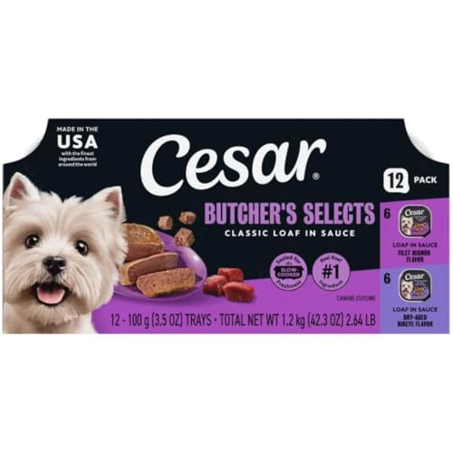 Cesar Classic Loaf in Sauce Wet Dog Food Butcher's Selects Variety Pack, Dry-Aged Ribeye Flavor and Filet Mignon Flavor, 3.5 