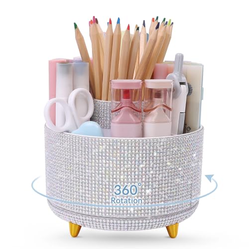 SKYDUE 360 Degree Rotating Desk Organizer, Shining Dual-Purpose Rhinestone Pencil Pen Holder, Rotating Desk Pen Organizer wit