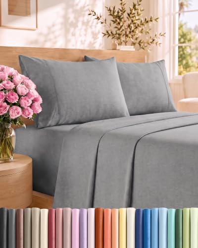 Cal King Size 4 Piece Sheet Set - Breathable & Cooling - Heathered Grey